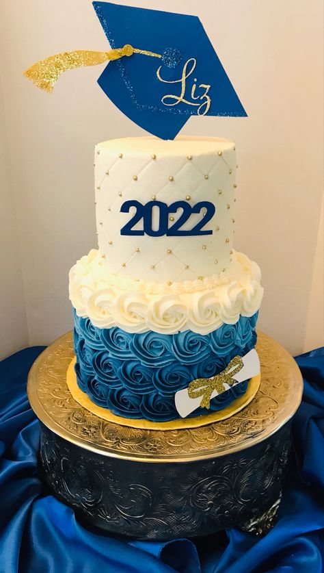 Two Tier Graduation Cake Ideas, Graduation Cakes For High School 2 Tier, Graduation Party Cake Ideas High School, Graduation Cake Blue And Gold, Graduation Cakes For High School, High School Graduation Party Themes, Graduation Sheet Cakes, High School Graduation Cakes, College Graduation Cakes