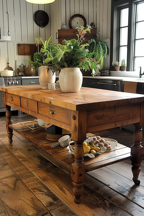 Gather in Style: Farmhouse Kitchen Island Table Ideas - Quiet Minimal Island Furniture Kitchen, Kitchen Island Cottage Style, Antique Wood Island, Eclectic Farmhouse Kitchen, Kitchen With Table Instead Of Island, 1900s Farmhouse Kitchen, Table For Kitchen Island, Cooks Table, Island Table Ideas