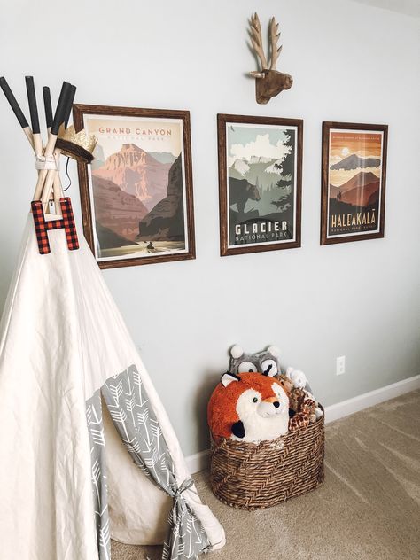 Kids National Park Themed Room | Vintage Inspired National Parks Print, Teepee, Deer Head, Wall Decor, Toy Basket, National Parks, Grand Canyon, Glacier National Park, Haleakala National Park, Anderson Design Group Prints, Hobby Lobby Frames, Nature Theme Room, Sherwin Williams Sea Salt National Park Nursery, Camping Nursery, Camping Bedroom, Adventure Room, Deer Head Wall Decor, Themed Kids Room, Big Boy Bedrooms, Adventure Nursery, Toddler Boys Room