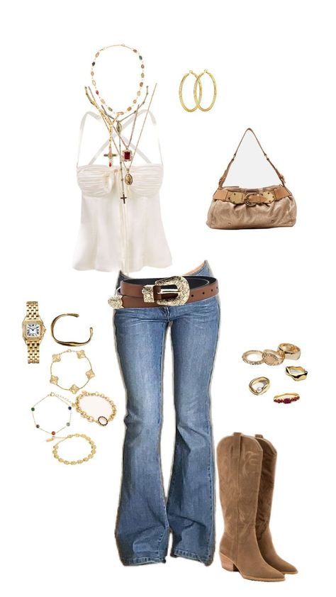 cowboy boots, vintage belt, beige top, low rise flare jeans Cowboy Boot Outfits Winter, Cowboy Boots And Jeans Outfit, Jeans And Cowboy Boots Outfit, Cowboy Boot Outfits With Jeans, Cowboy Boots With Jeans, Low Rise Flare Jeans Outfit, Jeans With Cowboy Boots, Cowboy Boots Outfit Winter, Flares Outfit