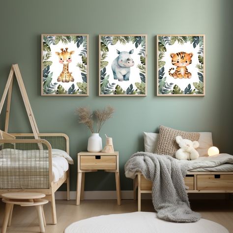 SET of 3 Safari animal prints - Giraffe, Hippo, Tiger. Transform your baby's nursery into a jungle paradise with our Safari Nursery Wall Art. This set of 3 prints brings the magic of the wild into your little one's space, creating a playful and vibrant atmosphere. The lush green hues and vibrant details will spark your child's imagination and infuse their space with joy. Green Nursery Decor, Jungle Paradise, Safari Nursery Wall, Nursery Decor Green, Safari Nursery Wall Art, Jungle Nursery Decor, Jungle Wall, Jungle Nursery, Green Nursery