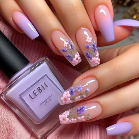 Floral Nails Acrylic Coffin, Almond Acrylic Nails Flower Designs, Spring Nails 2024 Trends Flowers, Floral Gel Manicure, Spring Nails Design 2024, Purple Floral Nail Designs, Coffin Nails Designs Summer 2024, Coffin Floral Nails, Nails Acrylic Flower Designs