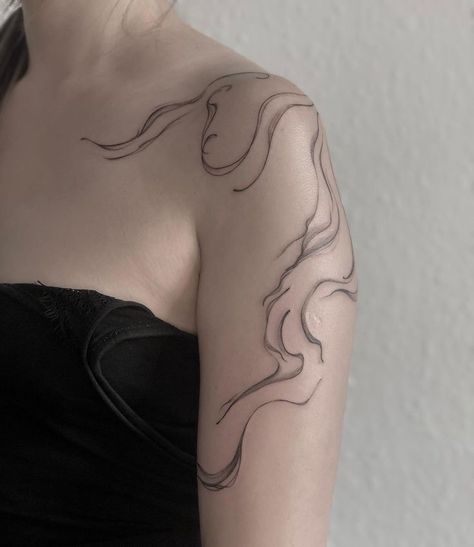 Change Meaning Tattoo, Wavy Tattoo Design Shoulder, Collar Bone To Arm Tattoo, Abstract Collarbone Tattoo, Shoulder Line Tattoo, Wavy Lines Tattoo, Wavy Tattoo Design, Black Abstract Tattoo, Marble Tattoo