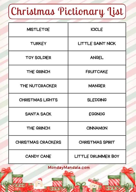 Christmas Pictionary Lists (Free PDF Printables) Pictonary Ideas Christmas, Christmas Song Pictionary, Christmas Pictionary Ideas, Christmas Taboo Printable Free, Christmas Pictionary Words List, Christmas Pictionary Game Free Printable, Pictionary Words List Printables, Games Family Gatherings, Pictionary Word List