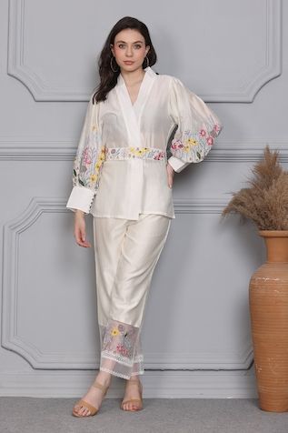 Buy Yellow Organza Embellished Bead Stand Collar High-low Shirt With Pant For Women by Sonal Pasrija Online at Aza Fashions. Stand Collar Top, Pant For Women, Silk Coat, Floral Sleeve, Top And Pants Set, Purple Blouse, Pant Sets, Floral Jacket, Top Pants Set