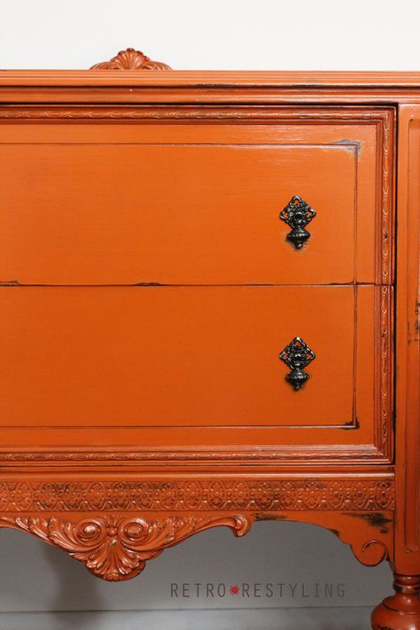 Furniture Paint color! Love this burnt orange painted furniture piece. Painted Furniture. Orange Furniture. Orange Painted Furniture. Furniture Makeover. Refinished Furniture. Orange Painted Furniture, Orange Dresser, Orange Furniture, Painted Buffet, Next Furniture, Painted Furniture Colors, Furniture Painting Techniques, Inspired Furniture, Shabby Chic Dresser