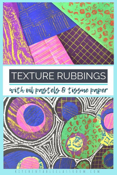 These texture rubbings translate actual textures into bold patterns using oil pastel and tissue paper. Learn about texture, rhythm, & contrast! Texture Lesson Plans Middle School, Tissue Paper Art Projects, Elementary Printmaking, Kia 2022, Elements Of Art Texture, Texture Art Projects, Adaptive Art, Textiles Patterns, Tissue Paper Art