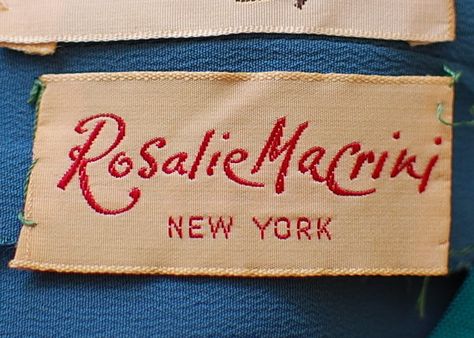 Rosalie Macrini New York - vintage clothing label Cool Labels Clothing, Garment Label Design, Vintage Clothing Logo, Vintage Clothing Brands, Clothing Tags Label, Vintage Clothing Tags, Clothing Tag Design, Clothing Label Tag, Vintage Clothing Tag Design