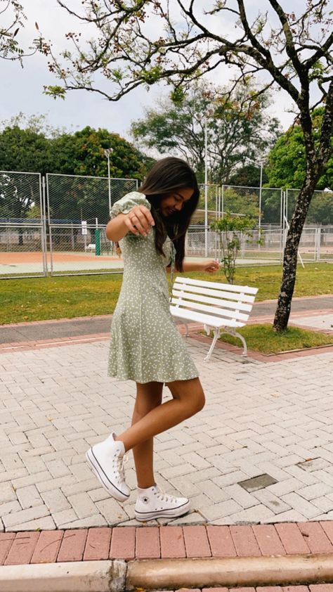 Sun Dresses With Converse, Dresses With White Converse, Summer Dresses With Converse, Sundress And Converse, Dressy Converse Outfit, White Converse With Dress, Hoco Dress With Sneakers, Dresses With Converse High Tops, Sundress With Sneakers