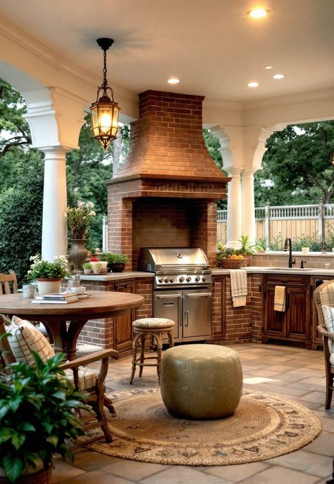 Outdoor Kitchen Ideas Brick Patio Outdoor Kitchen, Brick Grill Station, Traditional Outdoor Kitchen, Pergola Drapes, Brick Outdoor Kitchen, Brick Grill, Concrete Outdoor Kitchen, Rustic Outdoor Kitchens, Outdoor Cooking Spaces