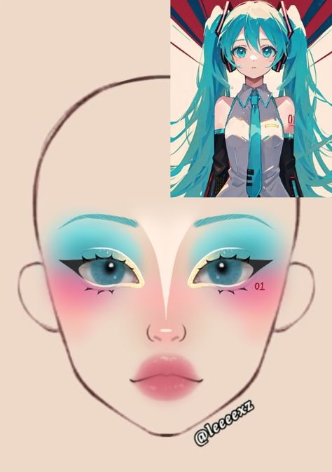 Genshin Inspired Makeup, Hatsune Miku Nails Ideas, Sonic Makeup Look, Snorlax Makeup, Cute Anime Makeup, Anime Inspired Makeup Looks, Anime Themed Makeup, Hatsune Miku Makeup, Anime Make Up Ideas