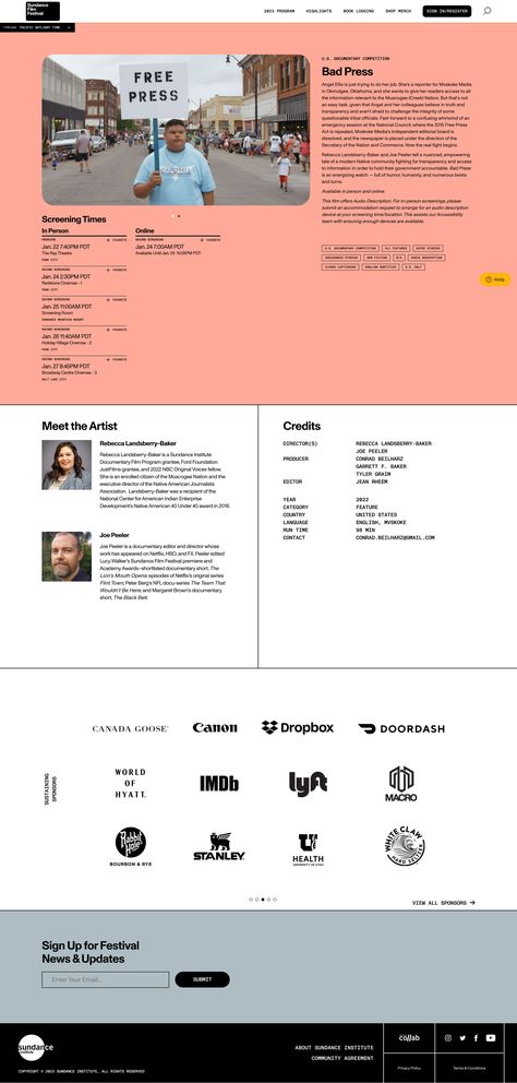 Screengrab of a web page from the Sundance Film Festival. A large peach box includes a photo and description of the film while the surrounding area is white with black writing. Film Festival Website, Film Website Design, Festival Website, Free Angel, Page Layout Design, Sundance Film Festival, Sundance Film, Image Description, Board Of Directors