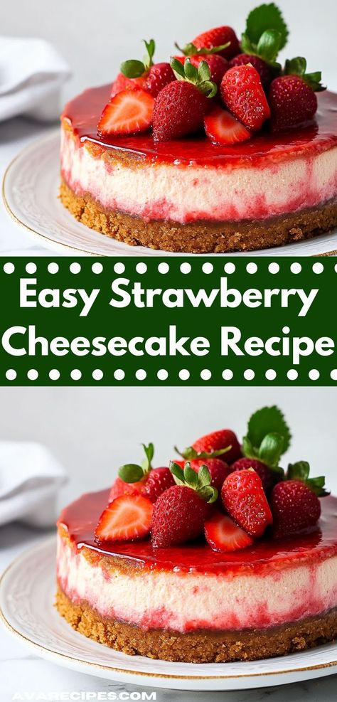 Discover a dessert that delights! This Strawberry Cheesecake Recipe combines luscious cream cheese and vibrant strawberries, creating a flavor explosion. It's a family-friendly favorite that’s sure to impress at any holiday celebration. Dessert Night, Easy Strawberry Cheesecake, Strawberry Cheesecake Recipe, Family Desserts, Strawberry Topping, Creamy Cheesecake, Fresh Strawberries, Cheesecake Recipe, Graham Cracker Crust