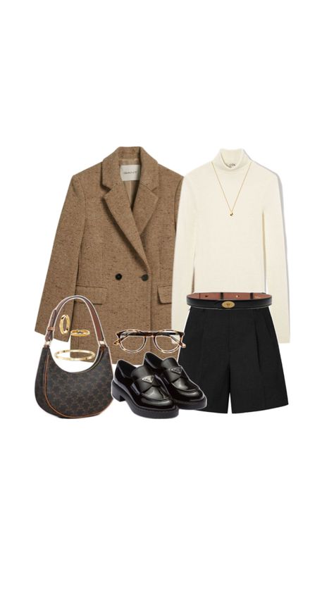 Flat lay of a fall outfit featuring a brown tweed blazer, cream turtleneck top, black pleated shorts, black loafers, a patterned crossbody bag, tortoiseshell glasses, and gold accessories. The look is a blend of modern academia and preppy chic for a trendy, polished fall ensemble. Modern Academia, Tortoiseshell Glasses, Cream Turtleneck, Tortoise Shell Glasses, Chic Crossbody Bag, Fall Trend, Preppy Chic, Trendy Fall Outfits, Turtleneck Top