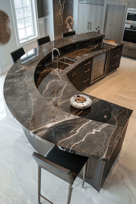 Kitchen Island On Casters With Seating, Different Kitchen Island Styles, Hexagon Kitchen Island, Kitchen Islands Ideas With Seating For 6, Central Island Kitchen, Black Islands In Kitchen, Kitchen Island 2 Level, Drawers In Kitchen Island, Kitchen With Round Island