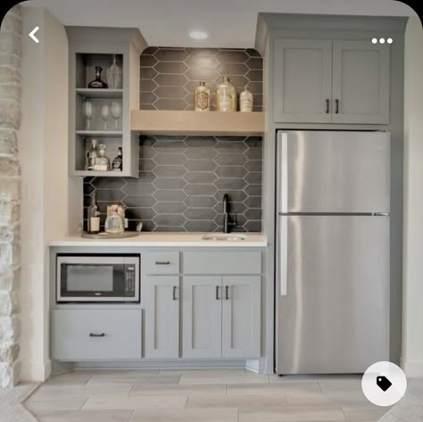 Y’all Kitchen Cabinets, Family Room Kitchenette, Basement Fridge Area, Kitchenette With Microwave, Cute Kitchenette Ideas, Dry Bar With Full Fridge, Corner Dry Bar Ideas Basement, Small Kitchen In Basement, Diy Basement Kitchen