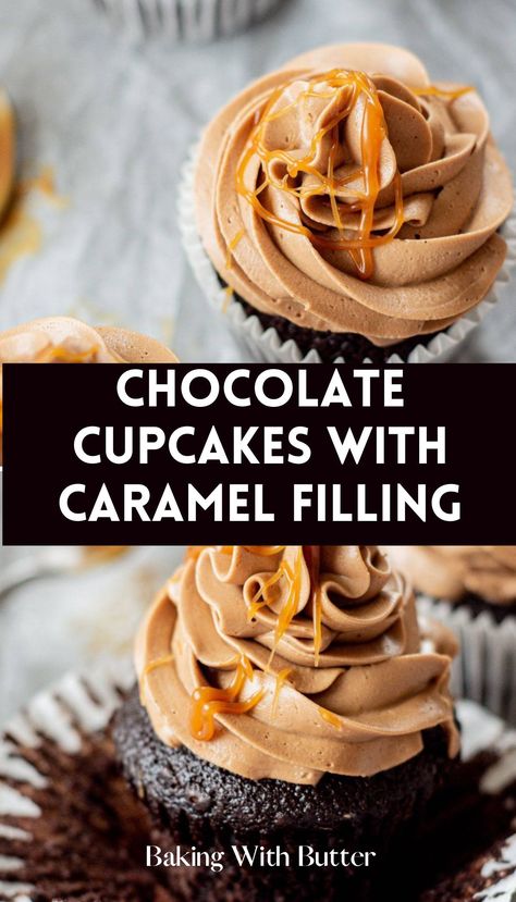 Chocolate Cupcakes with Caramel Filling, a Dreamy Dessert that's sure to impress with its rich flavor and surprise center. Cupcakes With Caramel Filling, Caramel Cupcake Filling, Filled Chocolate Cupcakes, Chocolate Caramel Cupcakes, Cupcakes With Caramel, Chocolate Cupcakes Recipe, Moist Chocolate Cupcakes, Milk Chocolate Frosting, Chocolate Cupcakes Filled