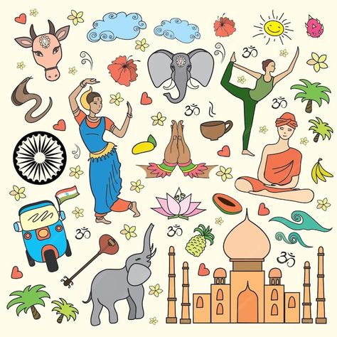 Premium Vector | Vector set of india cartoon card or icons vector illustration India Illustration, Premium Vector, Graphic Resources, Office Decor, Vector Illustration, India, Comics, Art