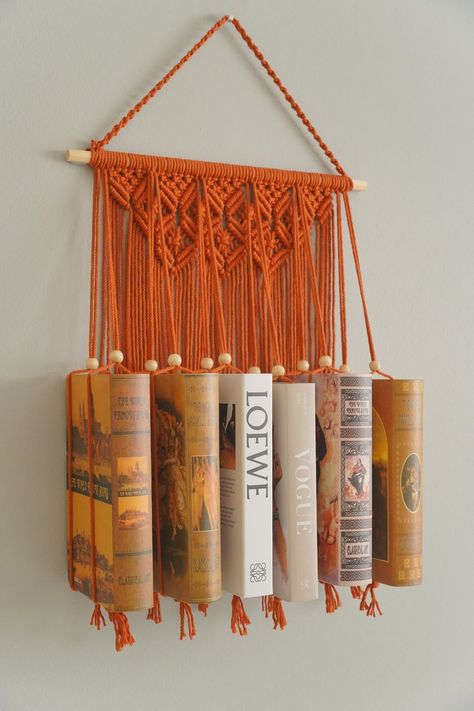 Macrame Book Holder Room Decor Hanging Bookshelf Mid - Etsy Macrame Book Hanger, Macrame Book Holder Tutorial, Crochet Room Decorations, Book Holder Ideas, Macrame Bookshelf, Crochet Book Holder, Macrame Diy Patterns, Macrame Book Holder, Macrame Stand