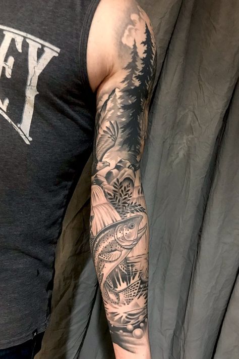 Waterfall Tattoo, Trout Tattoo, Fly Fishing Tattoo, Berg Tattoo, Elk Tattoo, Nautical Tattoo Sleeve, Wildlife Tattoo, Nature Tattoo Sleeve, Men Tattoos Arm Sleeve