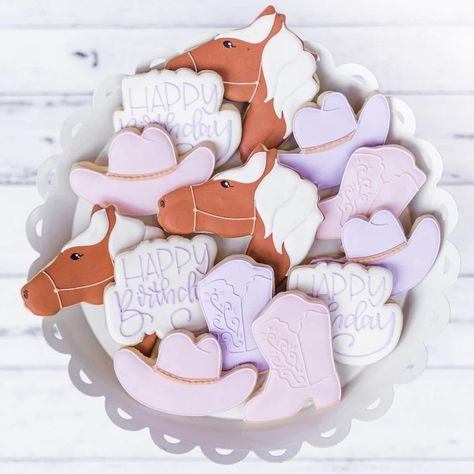 Custom Decorated Birthday Cookie Collection – Southern Sugar Bakery Western Themed Birthday Party, Horse Theme Birthday Party, Third Birthday Girl, 30th Birthday Themes, Rodeo Birthday Parties, Flower Birthday Party, Horse Cookies, 1st Birthday Girl Decorations, Western Birthday Party