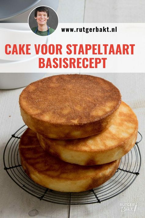 Dit is het basisrecept voor een lekkere luchtige cake waarmee je een mooie stapeltaart kunt maken. De ‘gewone’ cake is wat zwaarder en vind ik minder geschikt voor cake stapelen. Het tegenovergestelde daarvan is biscuit, dat is juist heel luchtig. Deze cake zit daar tussenin en net wat luchtiger dan gewone cake, en vol van smaak en textuur. Ga je een stapeltaart maken? Lees dit cake voor stapeltaart recept op mijn website Rutger Bakt How To Stack Cakes, Giant Cupcakes, Biscuit Cake, Home Bakery, Happy Foods, Drip Cakes, Cake Toppings, Cupcake Cookies, Beautiful Cakes