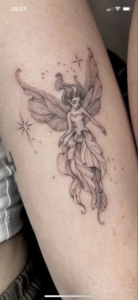 Fairy Sleeve Tattoo, Faerie Tattoo, Elf Tattoo, Whimsical Tattoo, Brown Tattoo Ink, Terrible Tattoos, Whimsical Tattoos, Elbow Tattoos, Cute Tiny Tattoos