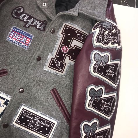 Bedazzled Letterman Jacket, Cheer Varsity Jackets, Cheer Letterman Jacket Ideas, Cheer Letterman Jacket, Letterman Jacket Pictures, Letterman Jacket Ideas, Cheer Jackets, Custom Letterman Jacket, Basketball Senior Night