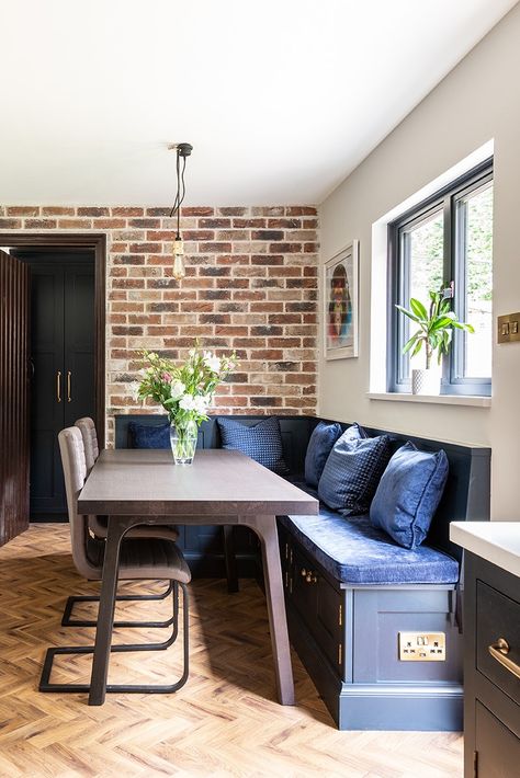 Seating In Kitchen, Booth Seating In Kitchen, Dining Room Banquette, Banquette Design, Herringbone Kitchen, Bench Seating Kitchen, Banquette Seating In Kitchen, Open Plan Kitchen Dining Living, Dining Room Bench Seating