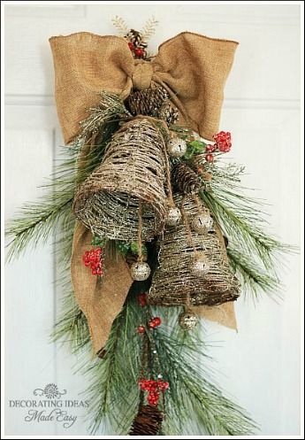 Glittery Twig Bell Pine Door Swag Jennifer Decorates, Christmas Door Swag, Door Swag, Christmas Swags, Christmas Bell, Christmas Crochet Patterns, Primitive Christmas, Door Decoration, Clipboard