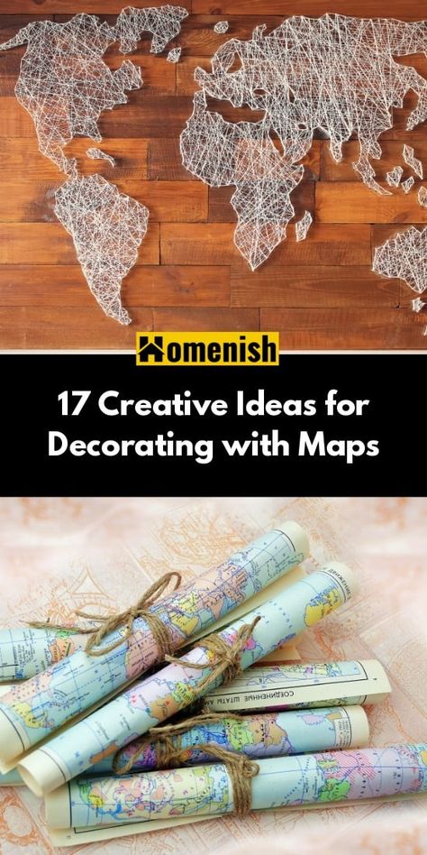 A trendy new way of decorating your living or working space is by bringing the world to your doorstep with maps. This is an impressive feature that can complement furniture, accessories and your character. Take a look at these 17 ideas on decorating with the map of the world. Map Room Decor, Antique Maps Decor, Blue Bed Covers, Decorating With Maps, Ideas For Decorating, Map Of The World, Black And White Artwork, Modern Map, Working Space