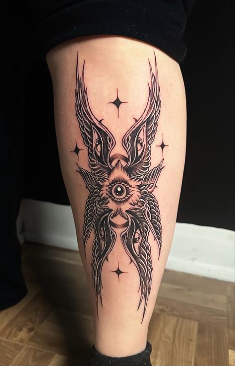 Angel Calf Tattoo Men, $200 Tattoo Ideas For Men, Angel Shin Tattoo, Nephilim Tattoo, Biblical Hand Tattoos, Biblicly Accurate Angle Tattoo, Beelzebub Tattoo, Real Angel Tattoo, Neo Traditional Angel Tattoo