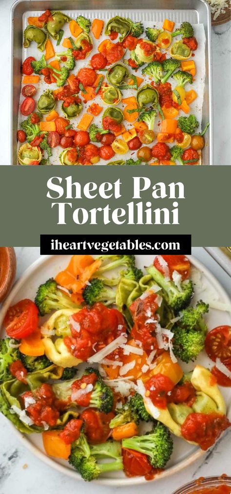 This sheet pan tortellini meal is so quick and easy to assemble — there's no boiling required! Store bought tortellini roasts on the pan with a rainbow of veggies for a hands-off dinner that is so delicious! Tortellini With Veggies, Sheet Pan Tortellini And Sausage, Tortellini Sheet Pan Dinner, Sheet Pan Tortellini, Lazy Lasagna Recipe, Dinner Casserole Recipes, Chicken Tortellini, Skinnytaste Recipes, Gnocchi Recipes