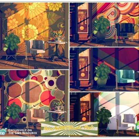 The Sims 4 - Retro ReBOOT Murals Part 1 -  6 swatches @TheSimsResource  @TSR Download at @TSR #CC #sims4cc #ccfinds #ts4cc #ts4 #tsr #TheSimsResource #sims4 #thesims4 #Moniamay72 #thesims4 #TSR #retro #floor #TheSims4 #vintage #ShowUsYourBuilds #Moniamay72 #Sims4 The Sims 4 Retro Cc, Sims 4 Retro Cc Furniture, Sims 4 Paintings Cc, Trippy Wall, Retro Painting, Boho Painting, Interior Wall Paint, 4 Wallpaper, Sims 4 Cc Furniture