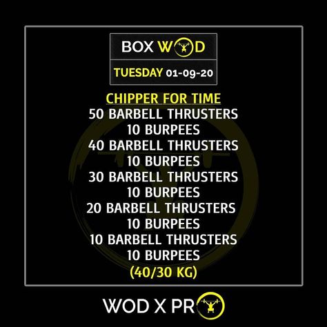 Chipper for time  50 Barbell Thrusters  10 Burpees 40 Barbell Thrusters 10 Burpees 30 Barbell Thrusters 10 Burpees 20 Barbell Thrusters  10 Burpees 10 Barbell Thrusters 10 Burpees _ M:40 KG,  F:30 KG _ Good day!  --------------------------------------------------------------- #wod #wodxpro #chipperwod #chipper #crossfitworkout #crossfitwod #crossfittraining #crossfitter #crossfitcommunity #functional #functionalfitness #fortime #tuesday #functionalworkout #gymnastics #crossfit #exercise #crossfi Crossfit Chipper Workouts, Barbell Wod, Crossfit Workout Program, Random Workouts, Crossfit Baby, Wods Crossfit, Crossfit Workouts Wod, Crossfit Workouts At Home, Crossfit At Home