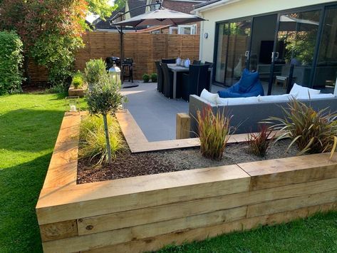 Raised Flower Bed Around Patio, Raised Garden Beds Around Patio, Wide Rectangle Garden Design, Large Garden Patio Ideas, Wide Garden Ideas, Wrap Around Garden Design, L Shape Garden Design, L Shaped Garden Ideas Layout, Newbuild Garden Ideas