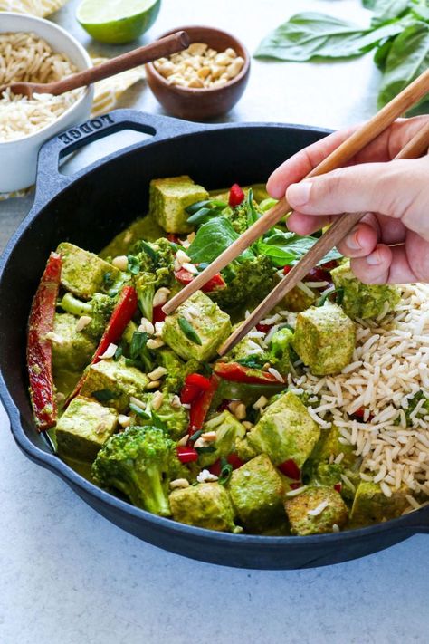 Our spin on Coconut Green Curry with Tofu is brimming with leafy greens and gets its mild heat from fresh jalapeño. Serve with rice for a satisfying dinner! Vegan Starter Guide, Coconut Green Curry, Curry With Tofu, Green Curry Sauce, Vegan Starters, Panang Curry, Vegan Dinner Recipes Easy, Tofu Recipe, Dinners Recipes