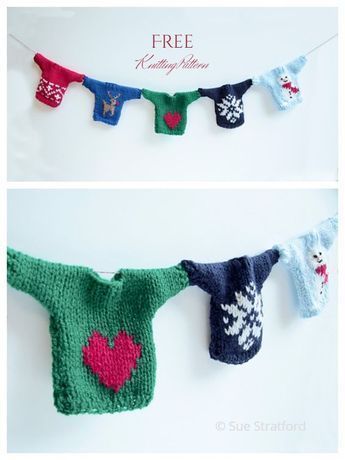 Knitted Garland Pattern, Mini Knit Christmas Ornaments, Knitted Garland Free Pattern, Knitting Patterns For Christmas Ornaments, Knit Holiday Decorations, Christmas Duplicate Stitch Patterns, Quick Easy Christmas Knits, Free Christmas Knitting Patterns Fun, Free Knitting Patterns Christmas Decorations