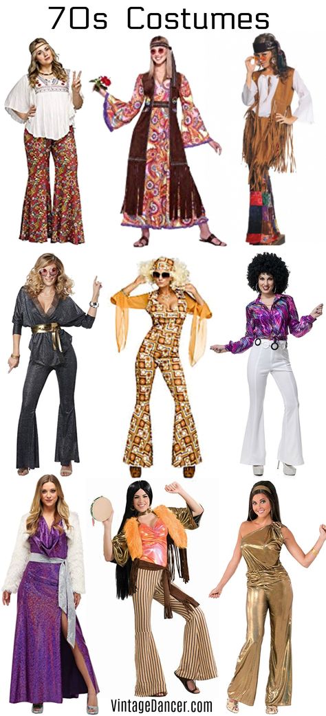 70s costumes Women's hippie disco Halloween party ideas at VintageDancer.com Disco Halloween Party, 70s Theme Party Outfit, Outfits 70s Style, Moda Z Lat 70., Hippie Outfits 70s, 70s Costumes, 70s Party Outfit, 70s Outfits Ideas, Disco Party Outfit