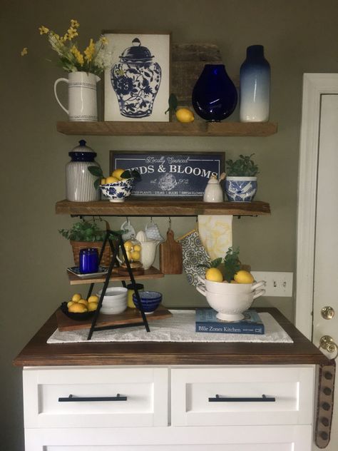 Navy And Lemon Kitchen, Lemon And Blue Kitchen Decor, Blue Yellow Kitchen Decor, Decor On Floating Shelves, Blueberry Kitchen Decor, Floating Shelves In Kitchen, Yellow Kitchen Accents, Blueberry Decor, Blue Yellow Kitchens