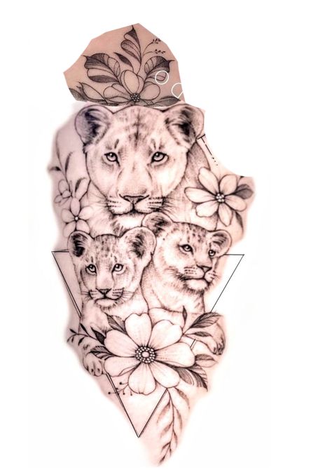 Tattoo Designs Watercolor, Tattoo Designs Traditional, Tattoo Designs Japanese, Lioness And Cub Tattoo, Lion Cub Tattoo, Lioness Tattoo Design, Female Lion Tattoo, Puppy Tattoo, Inspo Tattoo