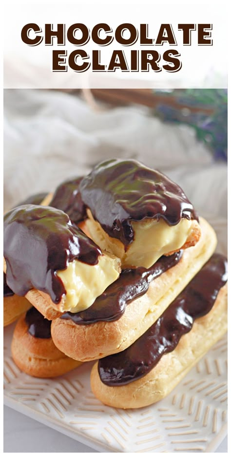 Master the art of making classic eclairs with this easy dessert recipe. Filled with creamy custard and topped with chocolate, these choux pastry eclairs are a delightful treat. Try this simple recipe and enjoy a delicious homemade dessert. Custard Eclairs Recipe, Easy Chocolate Eclairs Recipe, Chocolate Eclair Dessert Puff Pastries, Sourdough Eclairs, Mini Eclairs Recipe, Chocolate Eclairs Recipe Easy, Eclair Filling Recipe, Puff Pastry Eclairs, Eclair Recipes