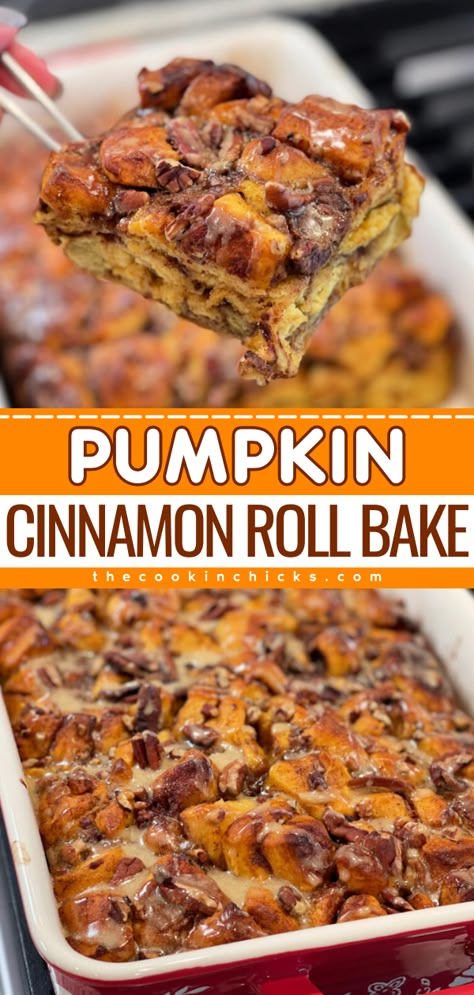 Want more pumpkin recipes for breakfast? This simple fall recipe lets you have an easy Pumpkin Cinnamon Roll Bake! Made with pumpkin rolls, a delicious mixture, and a glaze on top, you'll love every bite of this cinnamon roll casserole! No Knead Pumpkin Cinnamon Rolls, Pumpkin Cinnamon Roll Monkey Bread, Canned Cinnamon Roll Desserts, Cinnamon Rolls And Pumpkin Pie Filling, Dump And Bake Pumpkin Cinnamon Roll, Grands Pumpkin Spice Rolls, Dump And Bake Pumpkin Cinnamon Roll Casserole, Pumpkin Pie Casserole Recipe, Crockpot Pumpkin Cinnamon Rolls