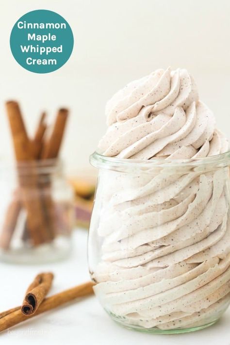 Cinnamon Maple whipped cream is a homemade whipped cream flavored with maple syrup and cinnamon. It’s the perfect topping for cakes, coffee or your pumpkin spice latte. #whippedcream #whippedcreamrecipe #whippedcreamfrosting Stabilized Whipped Cream Frosting, Maple Whipped Cream, Keto Whipped Cream, Spiced Whipped Cream, Homemade Whipped Cream Recipe, Homemade Chai, Flavored Whipped Cream, Whipped Cream Recipe, Stabilized Whipped Cream