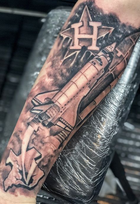 Houston Tattoos Sleeve, Houston Texas Tattoos, Forearm Tattoo Men Sleeve, Tattoo Men Sleeve, Houston Tattoos, Rocket Tattoo, Texas Tattoos, Simple Tattoos For Guys, Men Tattoos Arm Sleeve