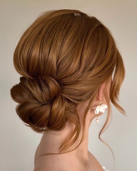 Upstyle Bridal Hair, Wedding Chignon Low, Wedding Updo Red Hair, Soft Low Bun, Red Hair Updo, Textured Low Bun, Hair Updo Ideas, Bridesmaid Hair Bun, Low Bun Wedding Hair