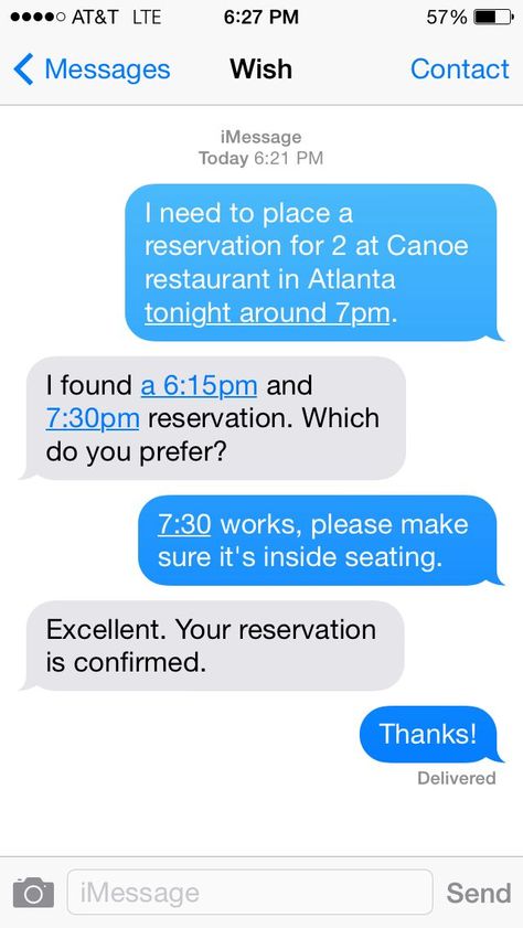 Get a dinner reservation just by sending a text! #dinner #reservation #canoe #wish Dinner Reservations, Text Messages, It Works