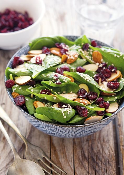 Cranberry Almond Spinach Salad with Sesame Dressing Dressing For Spinach Salad, Gf Salads, Spinach Salads, Sesame Seed Dressing, Spinach Salad Dressing, Cranberry Spinach Salad, Macaroni Salads, Almond Salad, Vegetable Salads