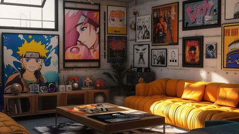 Eclectic Mashup Anime Room Anime Inspired Living Room, Anime Home Decor Ideas, Anime Themed Living Room, Anime Living Room Decor, Anime Living Room, Collective Living, Anime Room Ideas, Anime Home Decor, Crib Decor