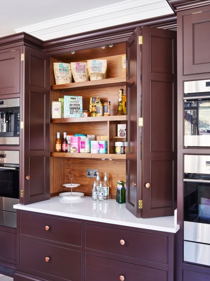 The pantry or larder has become one of our biggest #lockdown home obsessions. We certainly love their practicality and storage, including them in many kitchen designs. From walk-in pantries and larder cabinets, to pantry cupboards and house hideaways. This one has bi-fold doors for easy access and a silestone worktop. Made to any size, with the choice of 2, 3 or 4 doors, fitted or freestanding, they are truly bespoke and a great addition to the home.⁠  #pantry #larder #hideaway⁠ #pantrycupboard⁠ Hideaway Cabinet, Silestone Worktop, Classic Cabinet Design, Painted Pantry, Classic Cabinets, Kitchen Big, Secret Drawer, Kitchen Larder, Perfect Pantry